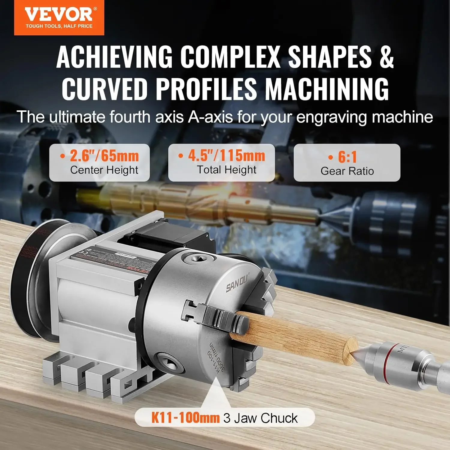 Dividing Head, K11-100mm 3-Jaw Chuck, CNC Router Milling Machine Rotational Axis 4th Axis A Axis Indexing Head, 2.6