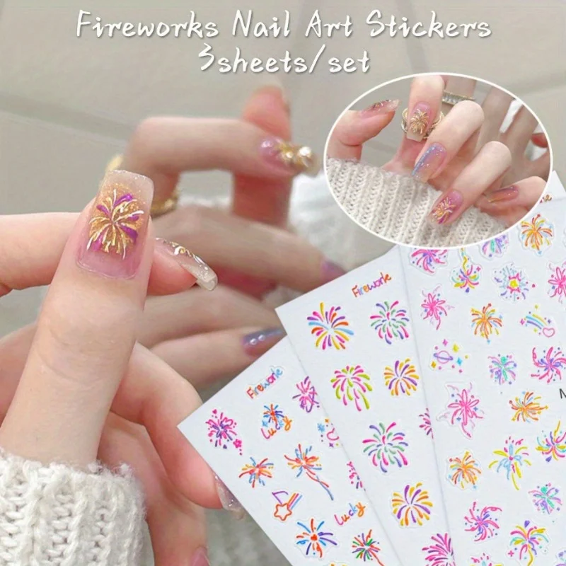 

3 sheets/set, 3D Fireworks Nail Stickers, Relief Holographic Blooming Fireworks Pattern, Rainbow Colors Nail Art Decorations