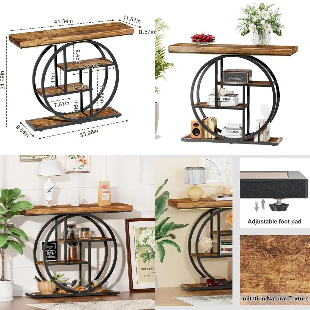 

Узкий 4-х уровневый деревянный консольный столик в индустриальном стиле с полками для хранения вещей для прихожей и гостиной