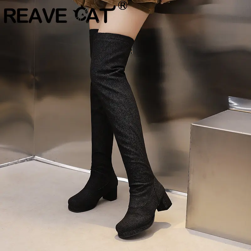 REAVE CAT Women  Thigh Boots Round Toe Block Heel 5cm Platform 46 47 48 Sexy Party Female Stretch Booties