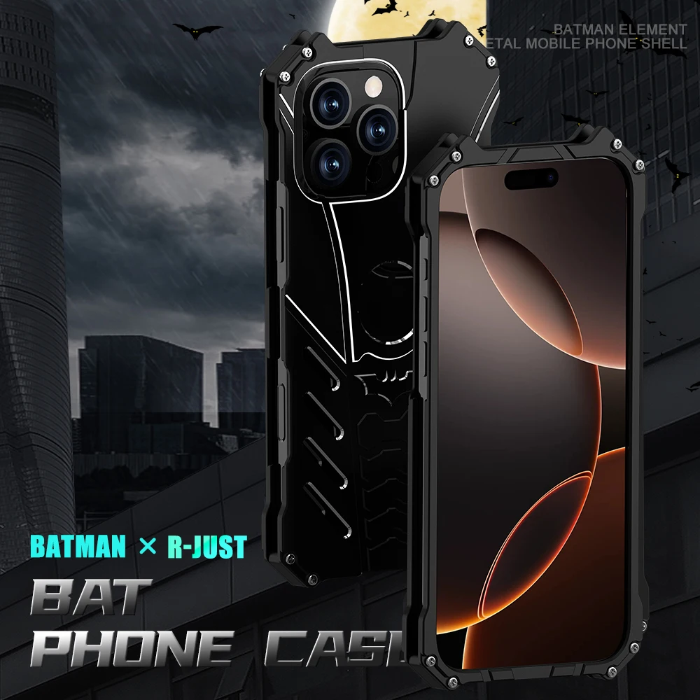 R-JUST Bat Metal Shockproof Case for iPhone 16 15 14 13 12 Pro Max Heavy Duty Aluminum Alloy Tough Bumper Frame Anti-fall Cover