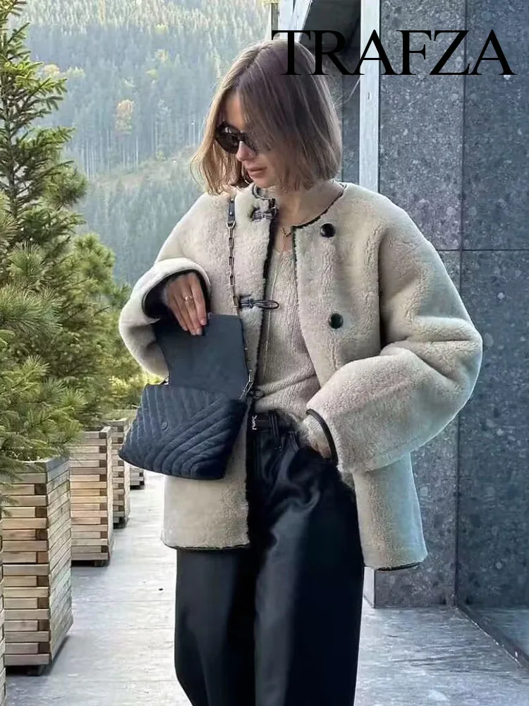 Imagem -02 - Trafza-jaqueta Casual Feminina de Shearling Monocromática Gola em o Manga Comprida Peito Único Cabolsa de Bolso Moda Inverno