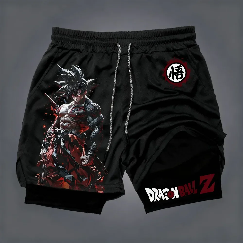Dragon Ball Herren Schnelltrocknende Doppellagige Son Goku Shorts Sommer Sport Fitness Anime-Inspirierte Aktivbekleidung Fake Zweiteiler