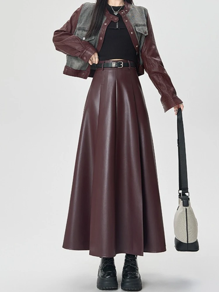 

Seoulish черные женские юбки трапециевидной формы из искусственной кожи, новые осенне-зимние однотонные шикарные офисные юбки-зонтики с высокой талией, женские юбки