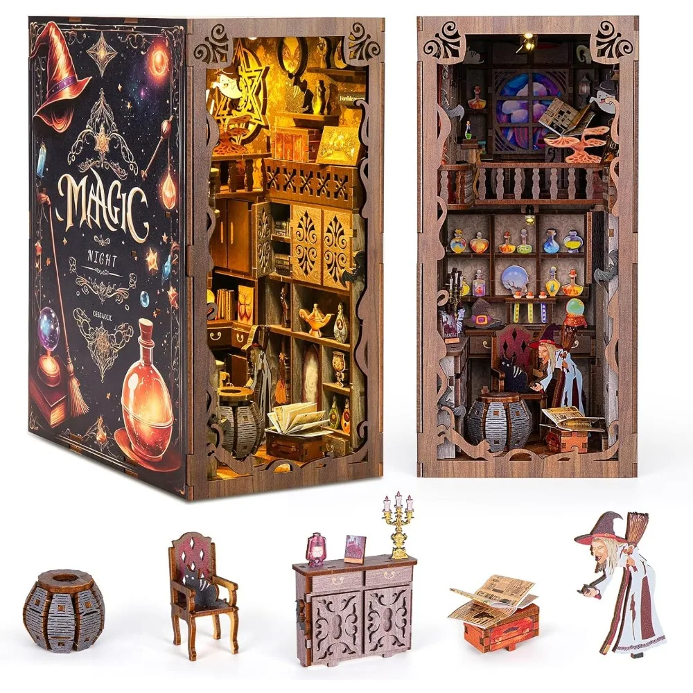 

Миниатюрный набор книжных уголоков для взрослых «сделай сам» со светодиодной подсветкой, 3D деревянная полка-головоломка для декора книг, поделки