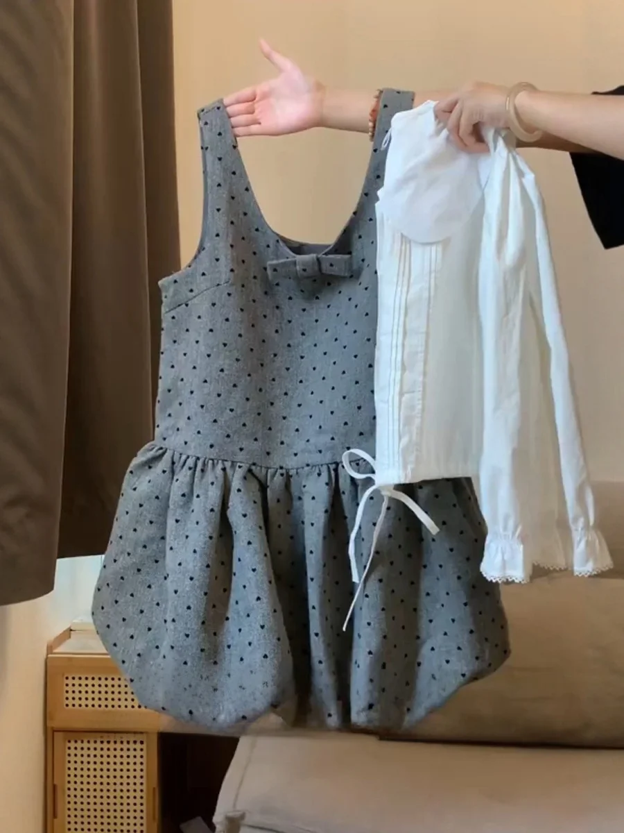 

ay Polka Dot Flower Bud Vest Skirt Set Long Sve Doll Collar irt Women's Faionable Korean Sle Autumn Wear