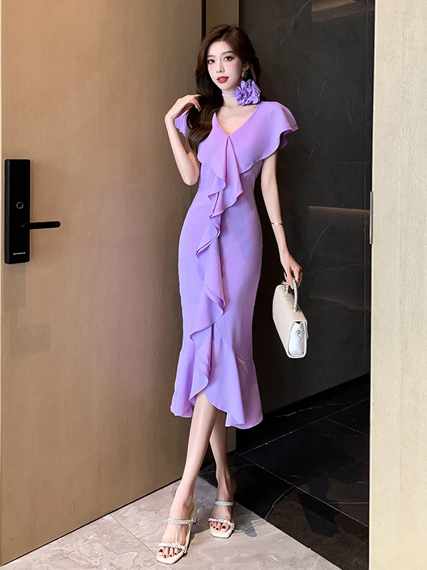 

Sexy Pure Desire Bodycon Long Dress Women's Spring Summer New Style Gathered Waist Slimming Gored Skirt Short Sleeve V-Neck