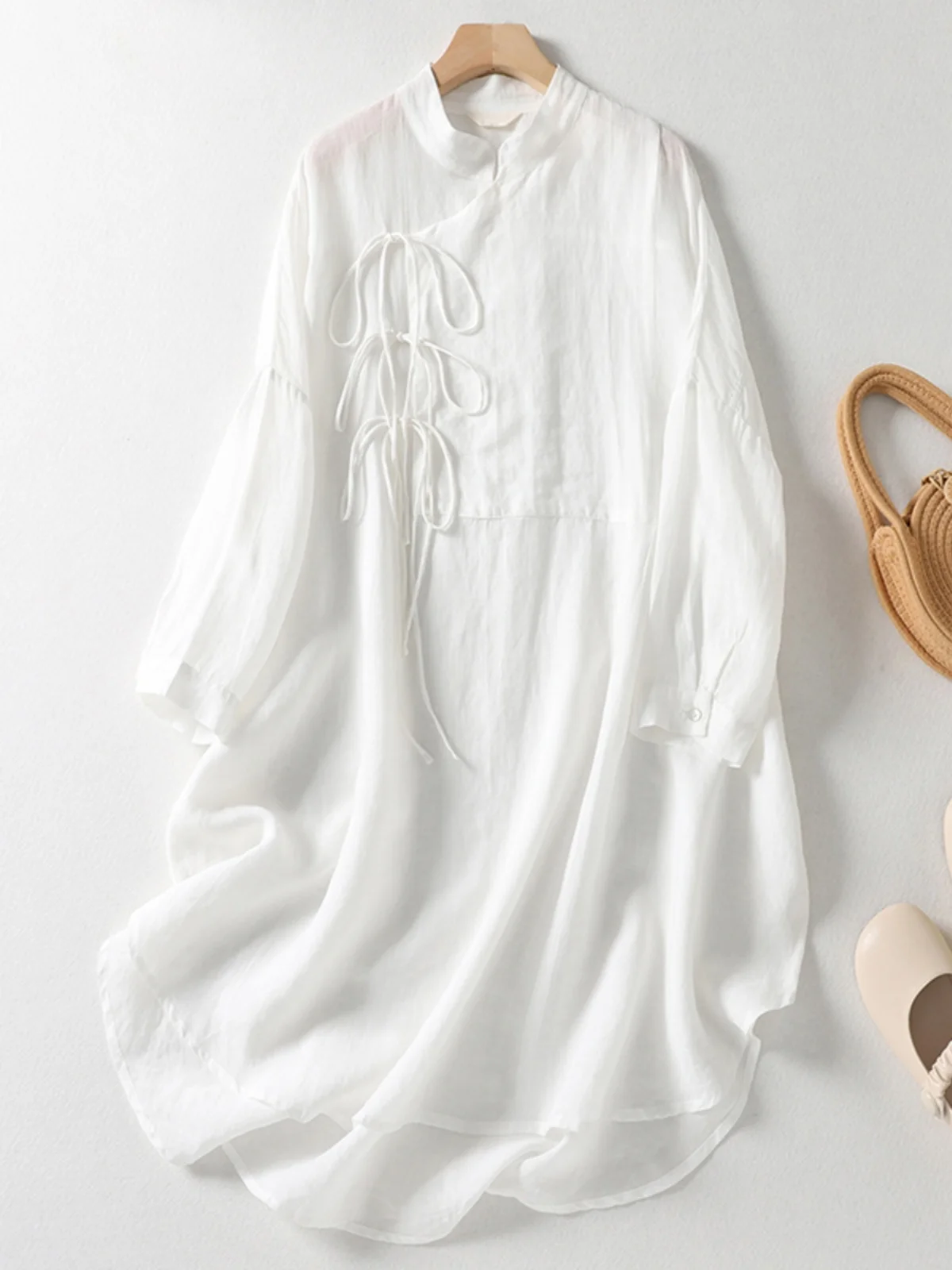 Novo chinês sle solto algodão linho feminino primavera irt dr tradicional nacional faion longo sve comprimento médio dr