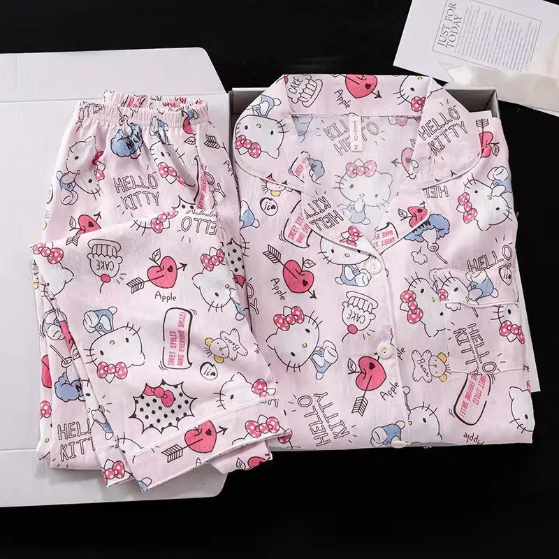 

Hello Kitty Cloud Cotton Sleepwear Set Cute Cartoon Autumn Pajama Pant Long Sleeve Pyjamas Print Collared Home Clothes for Women