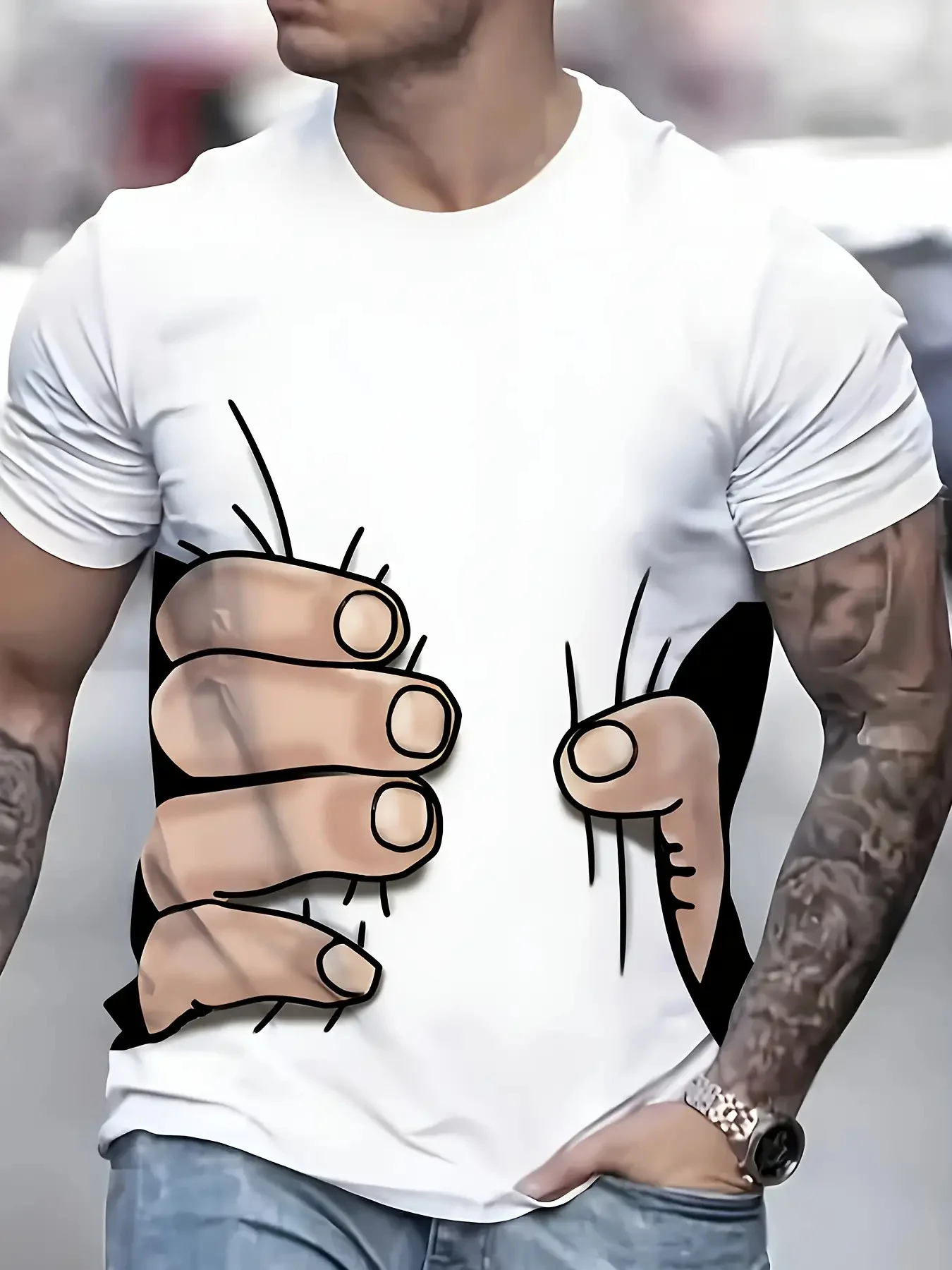 Men's Funny Hand Grab T-Shirt White Novelty Humor Graphic Print Crew Neck Short Sleeve Casual Top