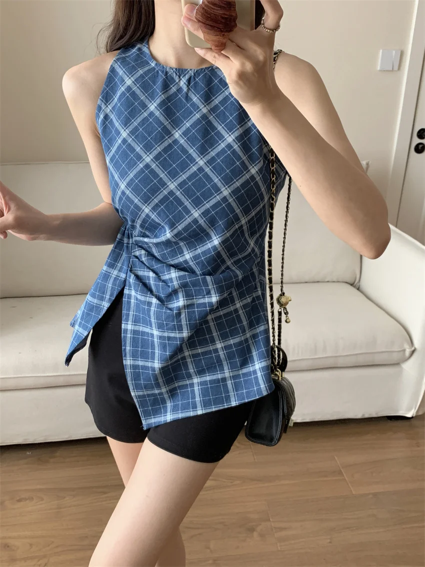 

Alien Kitty Retro Plaid Blue Camis Slim Summer High Street Daily All Match Beach 2024 Casual New Casual Gentle Tank Tops