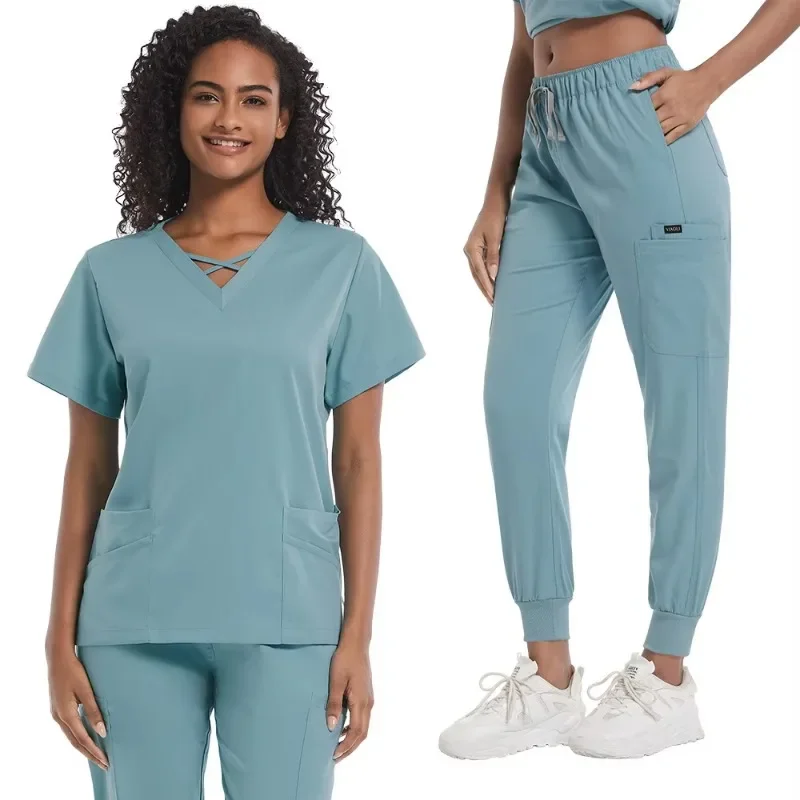 New High Quality Medical Uniform Tops Jogging Pants Short Sleeves Hospital Doctors Nurses Spa Beauty Salon V-Neck Scrub Suit