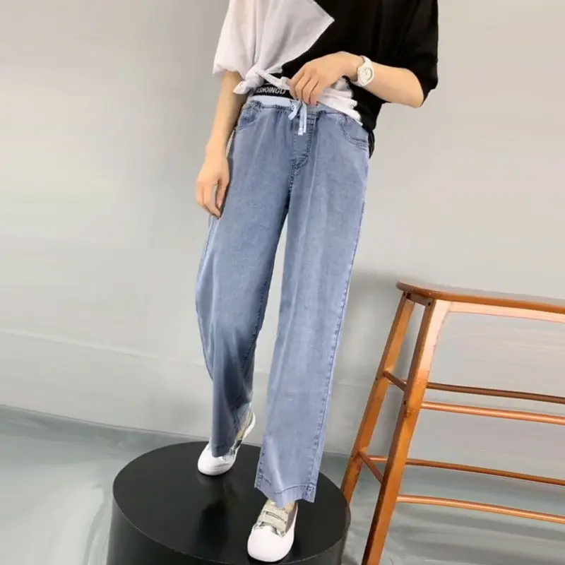 Sommer Neue Hohe Taille Koreanische Sle frauen Jeans Dra Lose Breite Bein Gerade Lange Hosen Hitzebeständige Ele Damen tro...