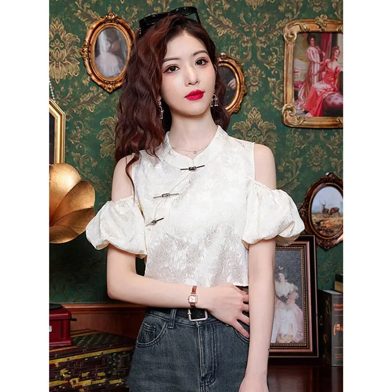 

Ladies Chinese Off Shoulder Bubble Sleeve Top Short Sleeve Blouses for Women Summer Causal Straight Short Sleeve Loose Tops Q306