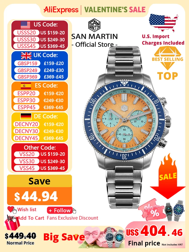 

San Martin 40mm Diver Chronograph Watch Peacock SL-4801 Automatic Movement Luxury Men Mechanical Wristwatch Waterproof SN0118