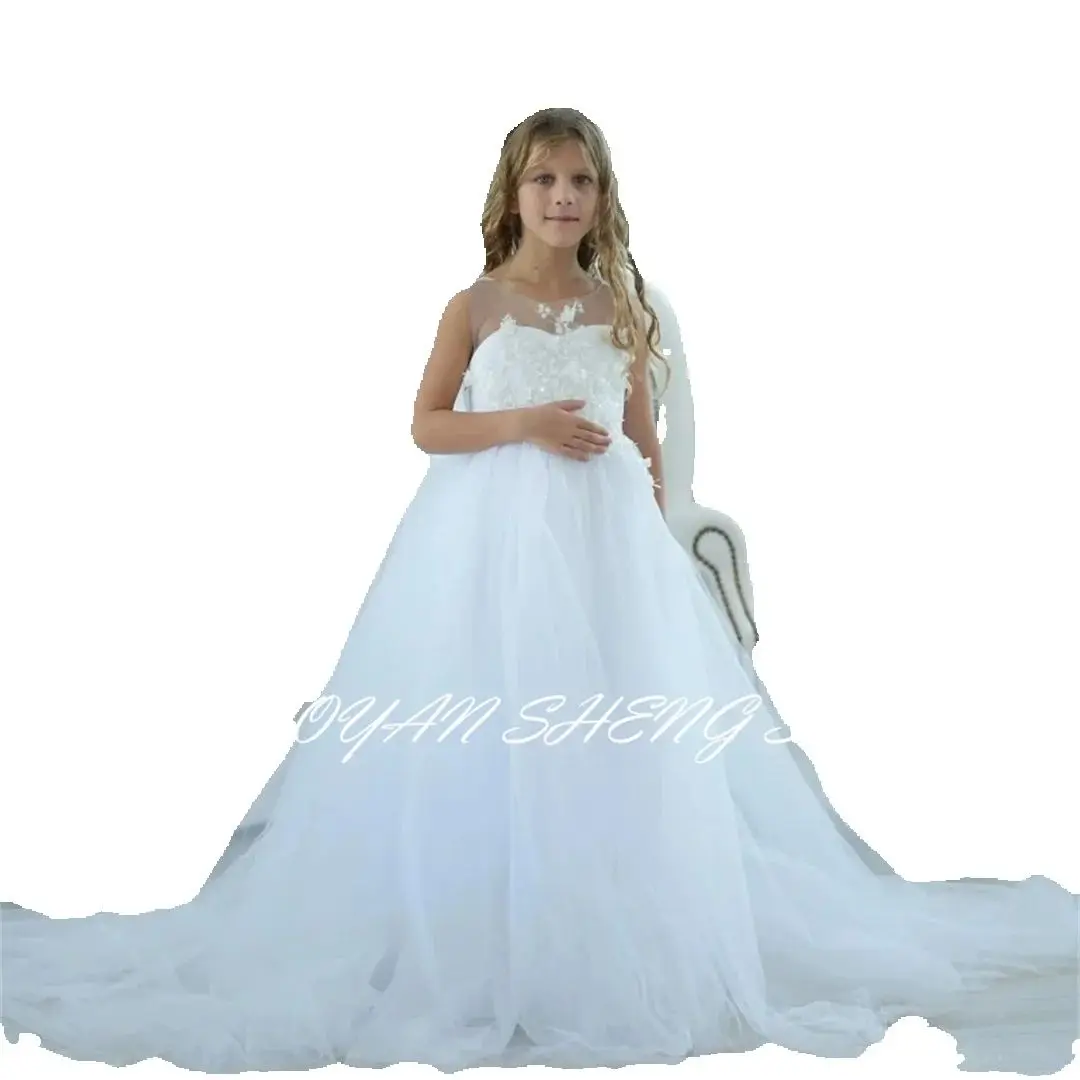 White Flower Girl Dresses Tulle Puffy Appliques With Bow Sleeveless For Wedding Birthday Party First Communion Gown