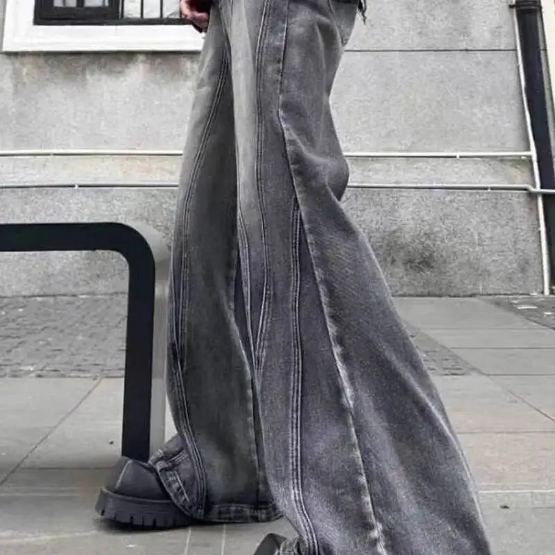 American-style Trendy Pleated Washed Irregular Jeans Men Slightly Flared Deconstructed Floor-length Casual Pants MH78