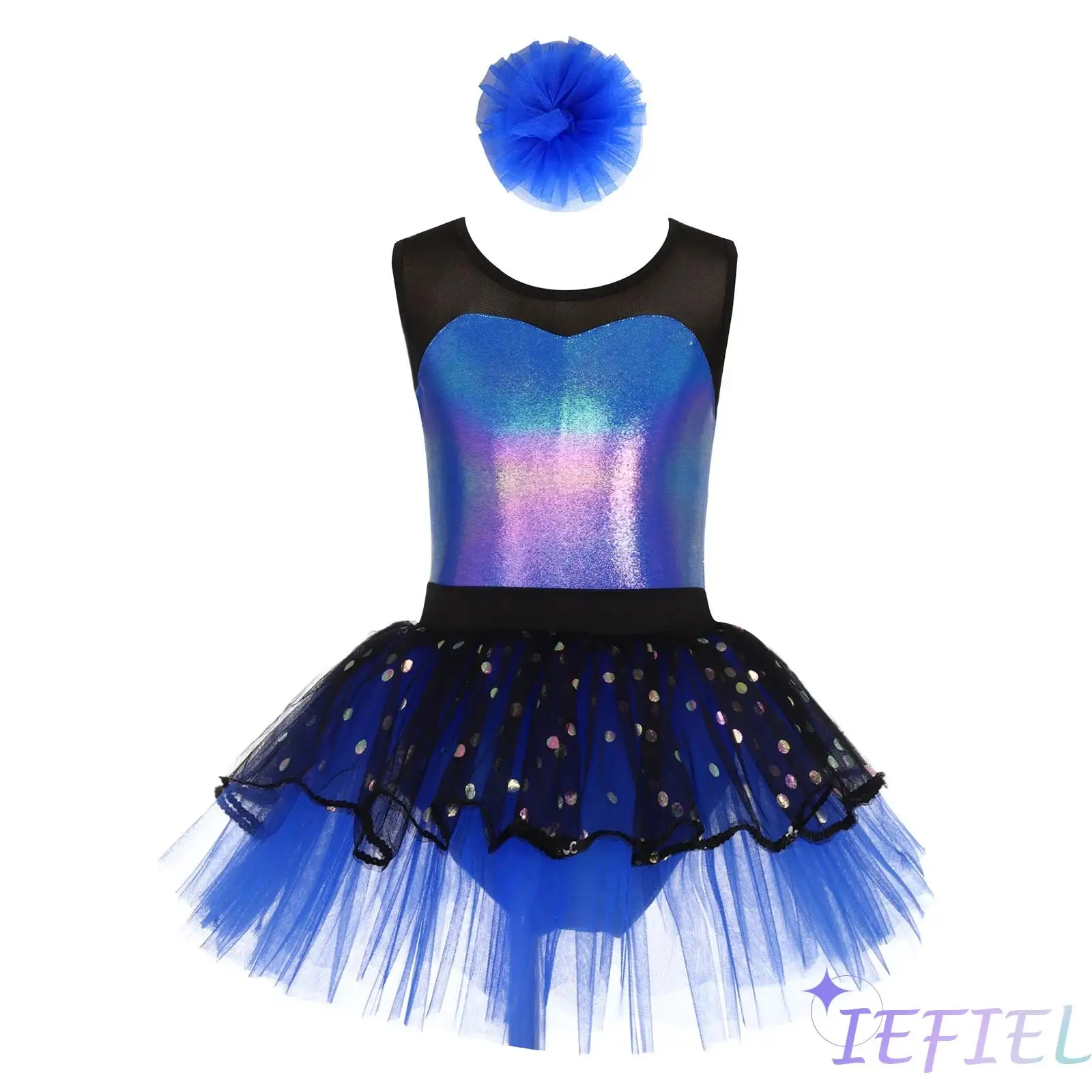 

Girls Ballet Leotard Dress 2Pcs Sleeveless Sheer Mesh Patchwork Metallic Bodice Tutu Dress+Headwear Jazz Dance Performance Wear
