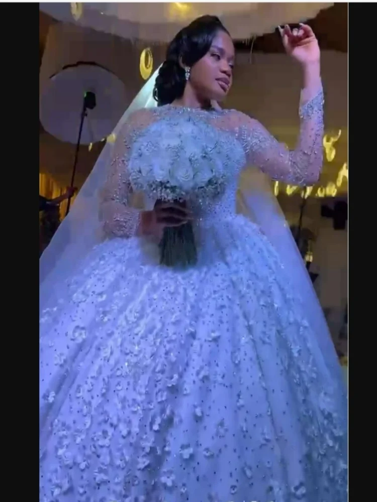 Customized  Sparkly Rhinestones  Beads Ballgown  Wedding Dress Handmade Flowers  Robe De Marriage Long Sleeves Bridal Gown