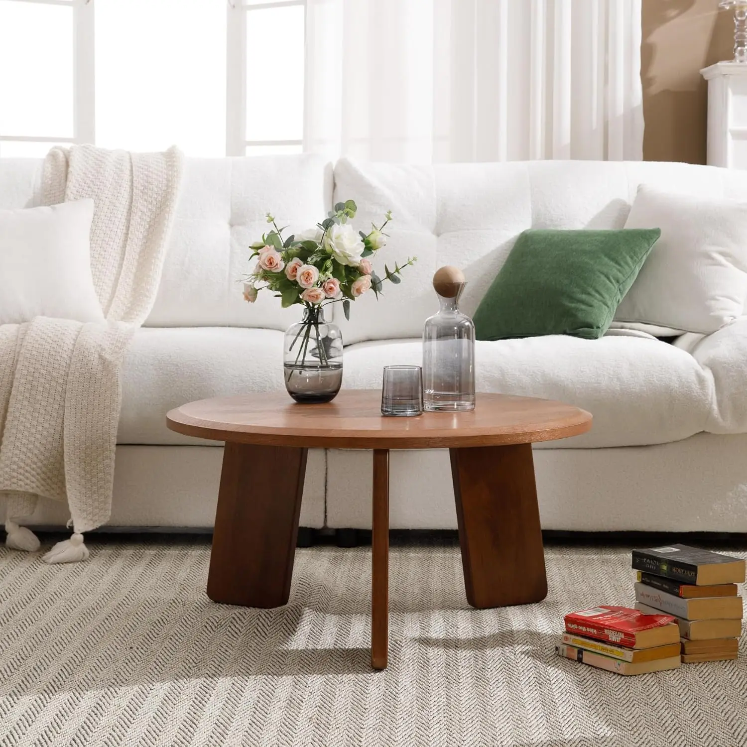 Modern Farmhouse Round Wood Coffee Table - Small Easy Assembly Floor/Couch End Table, Walnut for Living Room/Office/Reception