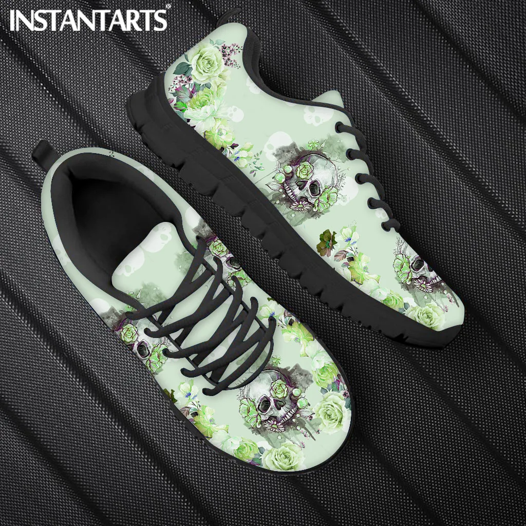 INSTANTARTS Spring Leisure Sneakers for Ladies Sugar Skull Pattern Gothic Flats Lace Up Shoes Comfort Air Mesh Footwear Zapatos