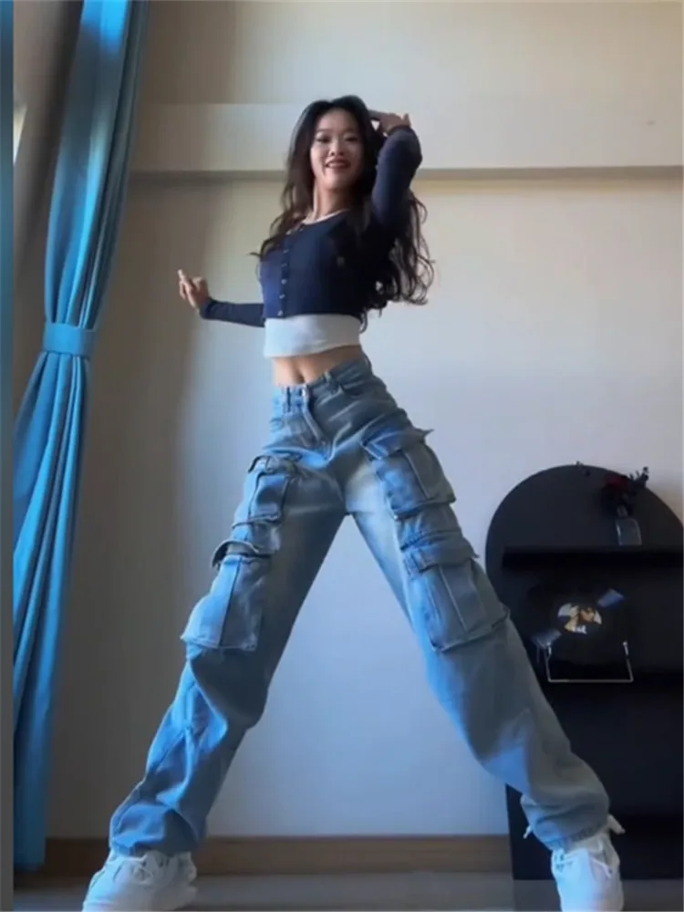 

American Retro Street Multi-Pocket Workwear Jeans Women's Spring Autumn Loose Drapey Tall Extended Wide Leg Pants