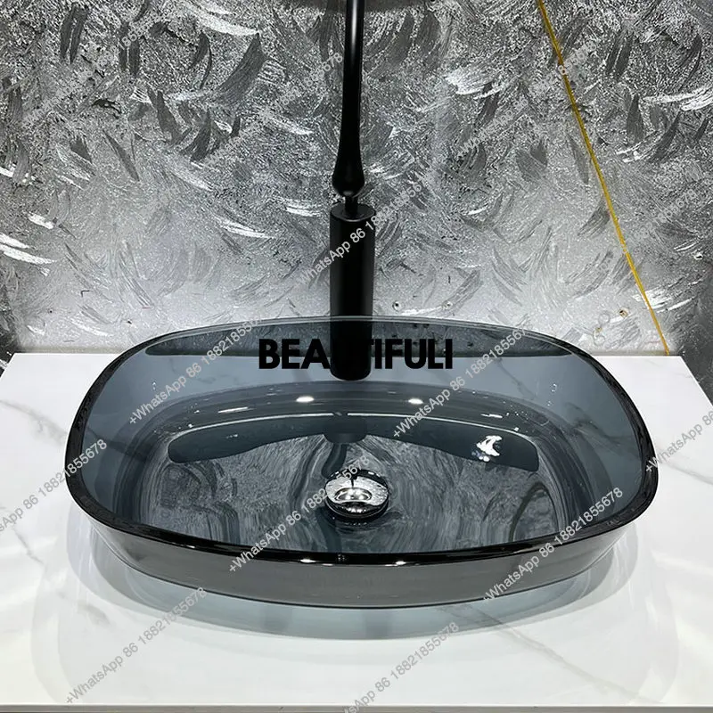 

Coffee colored tempered glass countertop basin, household gray polished artistic washbasin, homestay bathroom washbasin