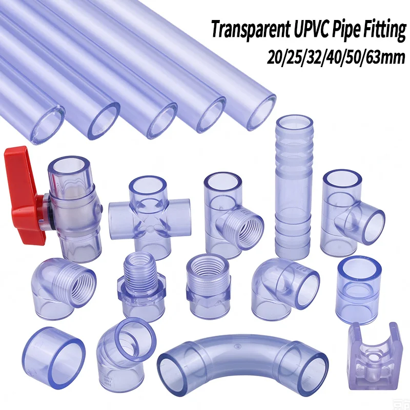 20~63mm UPVC Blue Transparent Pipe Elbow/Straight/Cap/Tee/Cross/Valve Connector Aquarium Fish Tank Drainage Pipe Quick Fittings
