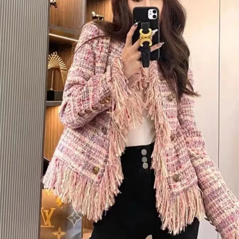 

Pink tweed fringe coat Autumn/winter new style short top coat women