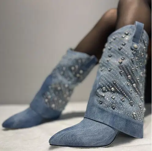 Bling Crystal Rivet Pearl Blue Jeans Denim Pointed Toe Mid-calf Boots Women Sexy Thin Heel Fold Pants Boots Shoes Drop Shipping