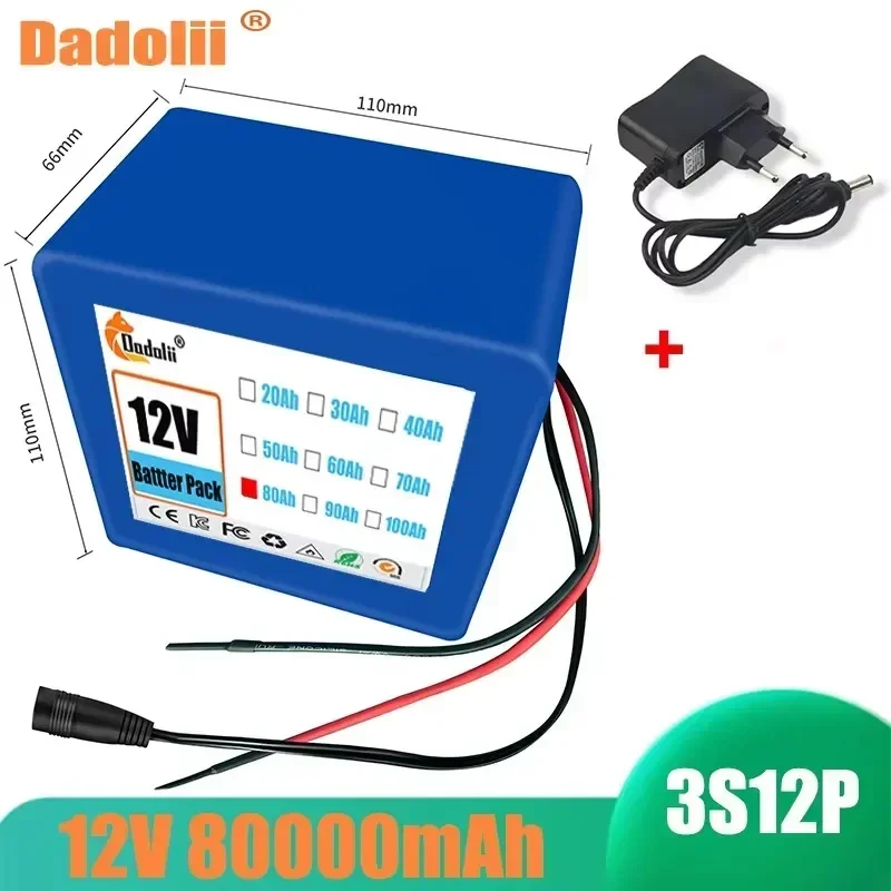 New Portable 80Ah 12V 3S12P Li-Ion Battery Pack with 80000mAh and Charger for LED Lights Backup Power