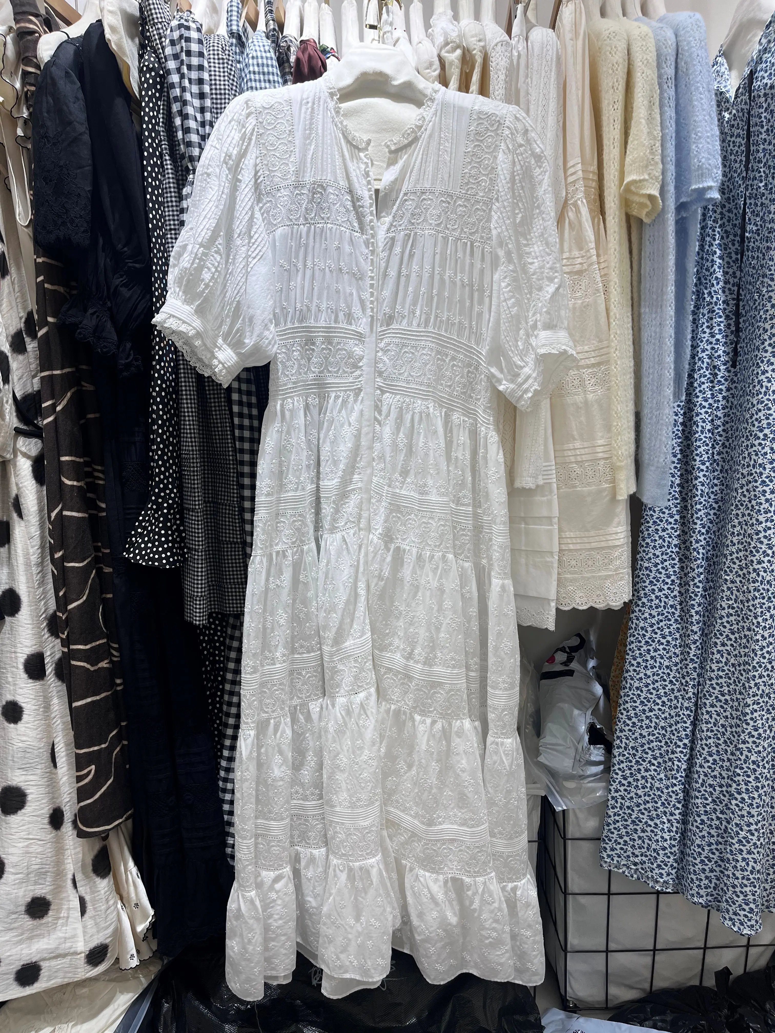 

Heavy Embroidery Women White Long Dress Ruffled Collar Puff Sleeve Holiday Female Robe