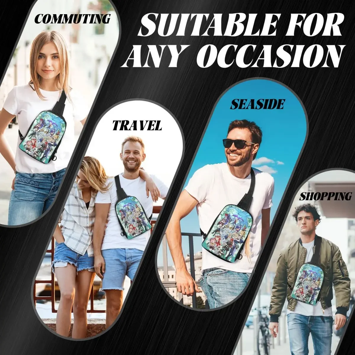 Anime Genshin Impact Crossbody Sling Backpack Shoulder Sling Chest Bag Adjustable Travel Hiking Daypack Outdoor for Women & Men