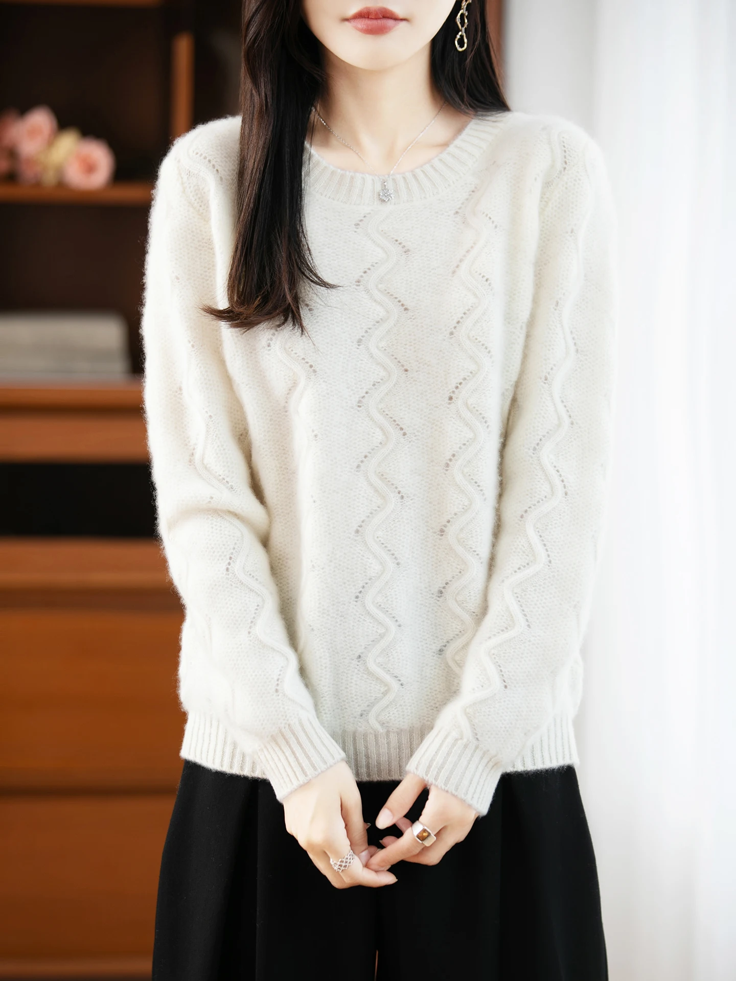 100% Merinowolle Frauen Modische Pullover Oansatz Einfarbig Welligkeit Muster Stricken Dicke Top Herbst Winter Casual Kleidung