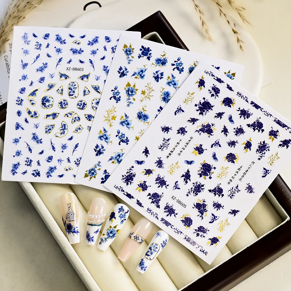 1 szt. Niebiesko-białe naklejki na paznokcie 3D z porcelany, retro chiński styl, piwonia, koi, samoprzylepne naklejki na paznokcie, złote stemple, manicure, slider