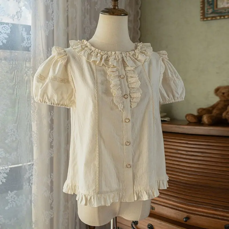

Lace Edged Pleated Shirt Girl Style Short-sleeved Shirt Japanese 2025 Summer New Lotus Leaf High-end Inner Top Aesthetic Chic