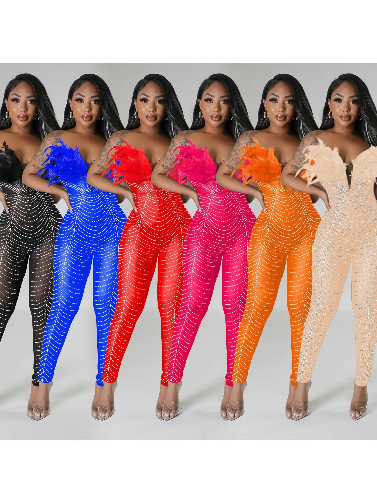 

Сексуальный однотонный сетчатый комбинезон с длинными брюками для женщин, модный дизайн с горячей фиксацией стразами, летняя коллекция 2024