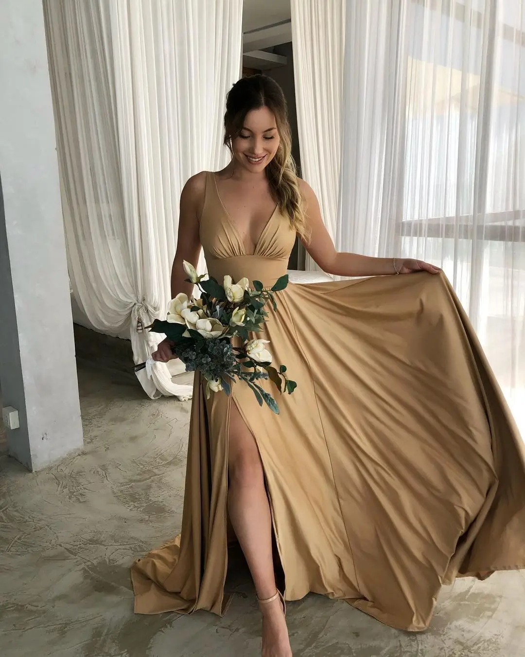 Gold V NeckBridesmaid Dresses Women Sister Group High Split A Line Elegant Formal Wedding Party Evening Gowns Vestido De Festa