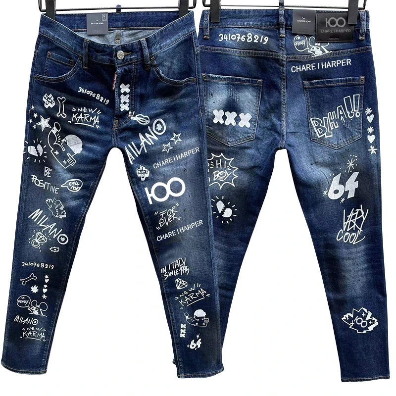 100 chareiharper c073 men jeans New wear simple men slim ripped stretch jeans skinny straight Tear Process Italian Design pants