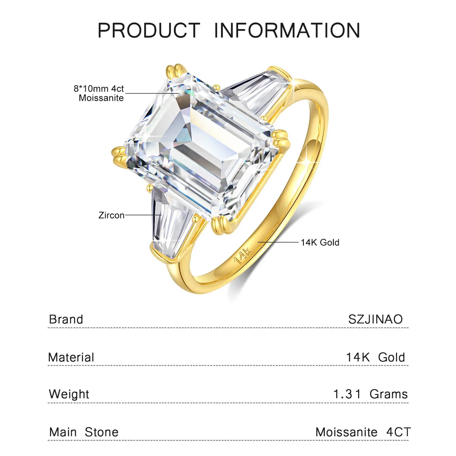 Emerald Cut D Color VVS1 Moissanite Ring GRA Certified Pass Diamond Tester S925 Sterling Silver 14K Yellow Gold Plated Anti Allergy Tarnish Resistant Fine Jewelry For Women Engagement Wedding Anniversary Promise Birthday Party Gift view 6