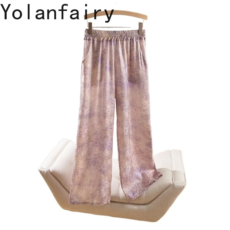 

YOLANFAIRY High-end 100% Real Mulberry Silk Pants Woman Elegant Jacquard Wide Leg Pants Women's Trousers High Waist Pants Mujer