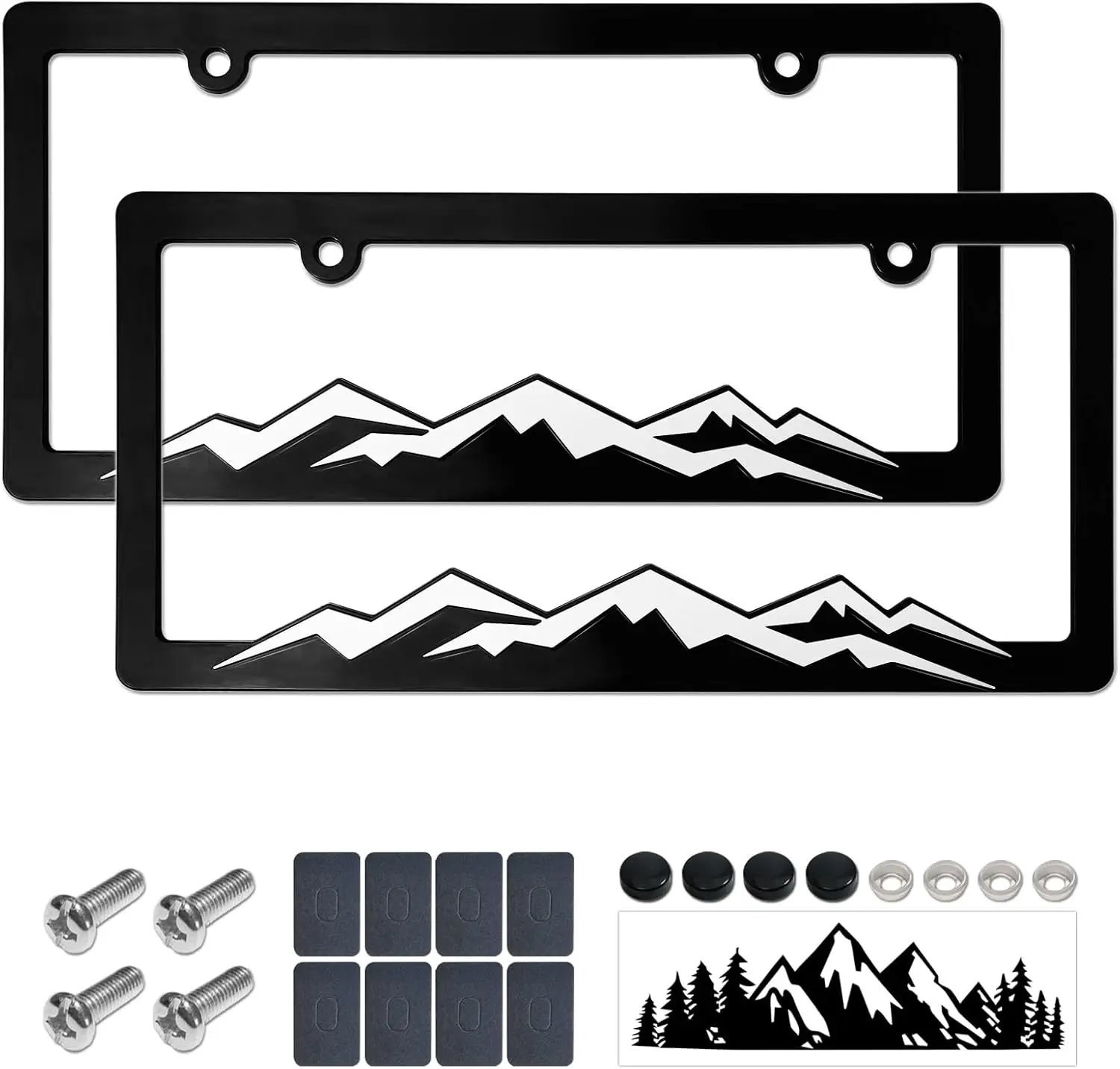 

3D Mountain Car License Plate Frame, White on Black ABS Plastic with Rust-Proof Screws & Free Decal
