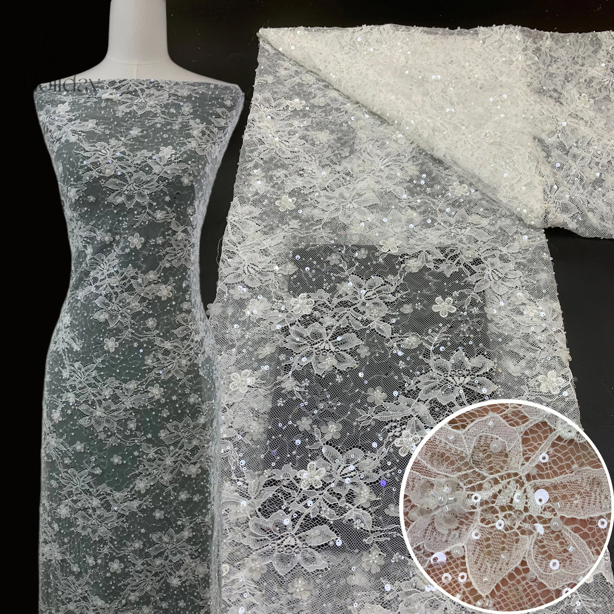 レーザー刺繍トリプルコンボビーズレース2026：ビーズチューブ＆スパンコール装飾メッシュ（ブライダルクチュール用）