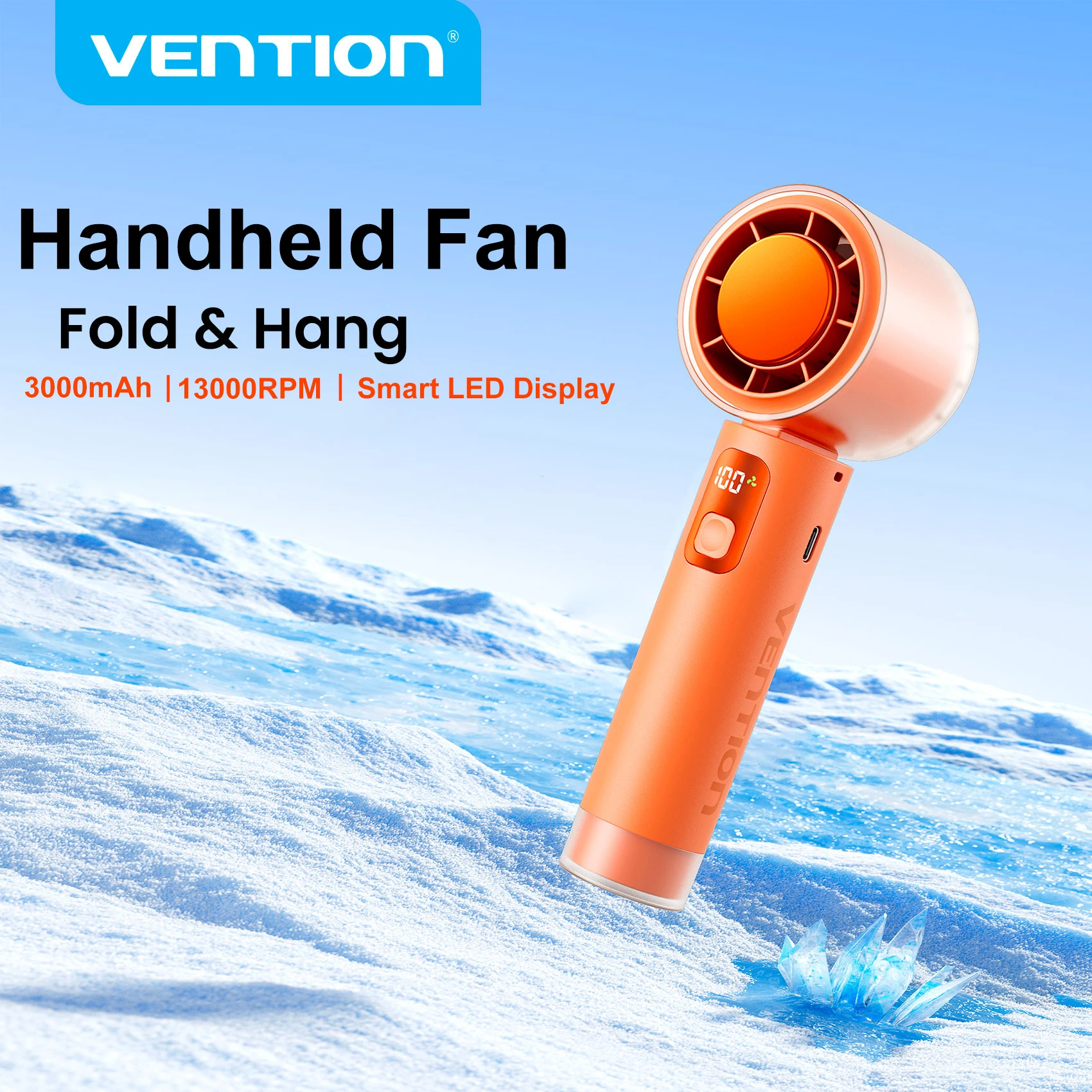 Vention Foldable Cooling Handheld Fan 13000 RPM Brushless Motor 100 High Speeds LED Digital Display Outdoor Camping Travel Fan