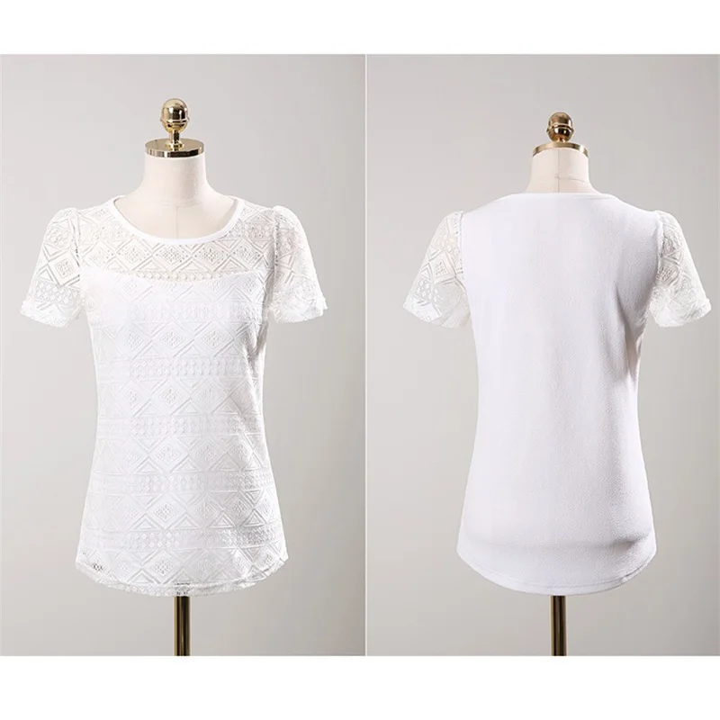 Women Blouse Lace Top O-Neck Short Sleeve Slim Female Tops Simple Solid Color Hollow Out Chiffon Shirt For Ladies Summer