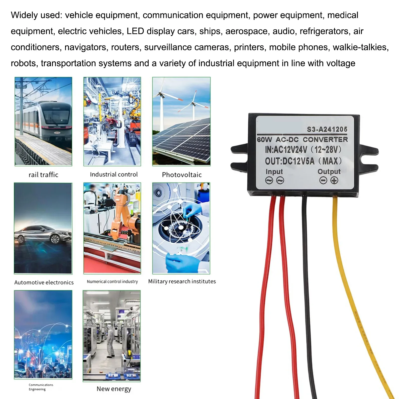 12V Adapter AC-DC Converter Heavy Rain Outdoor Use 95 Conversion Efficiency Output Power 60W IP68 Waterproof Rating
