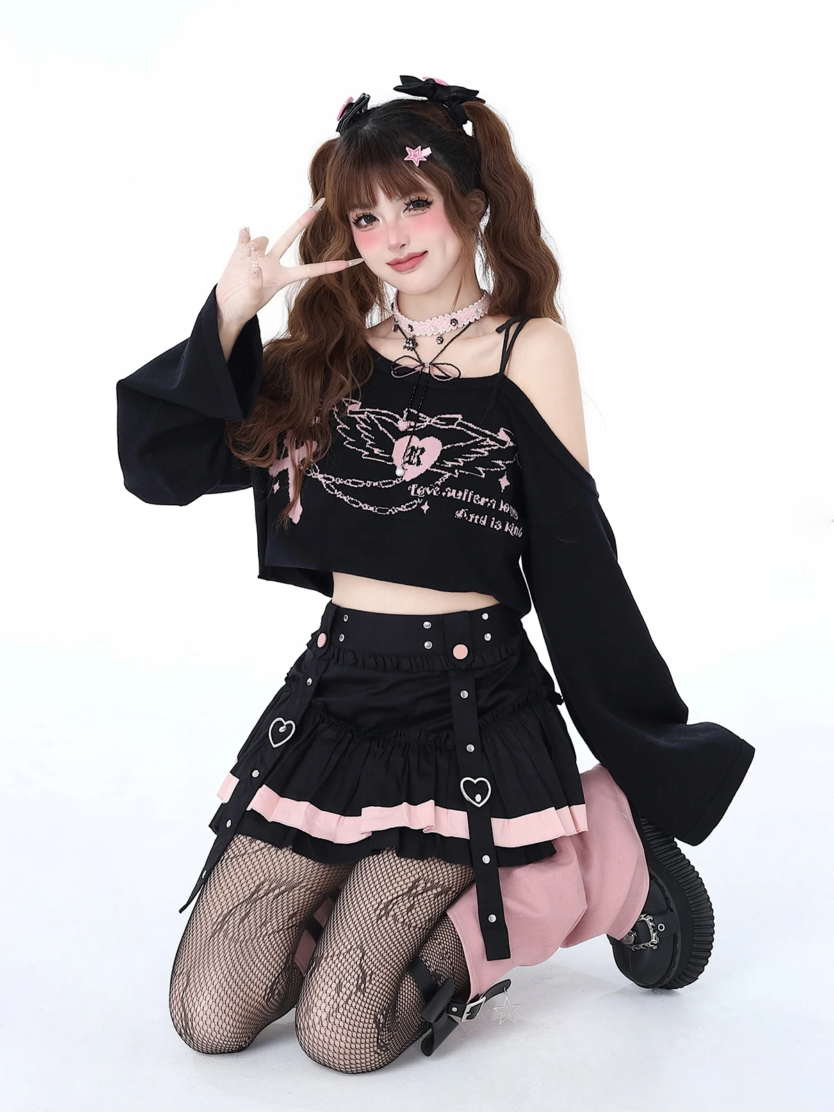 Y2K Hot Girl Off Shoulder Lace-up Knitted Short Top 2024 Spring and Summer Female Students Sweet Loose Pullover Thin Sweaters