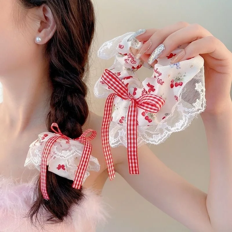 

Красные клетчатые резинки для волос с цветочным кружевом и бантом для женщин, эластичные резинки для хвоста, милые модные резинки для волос, мягкие, для повседневного использования, разноцветные
