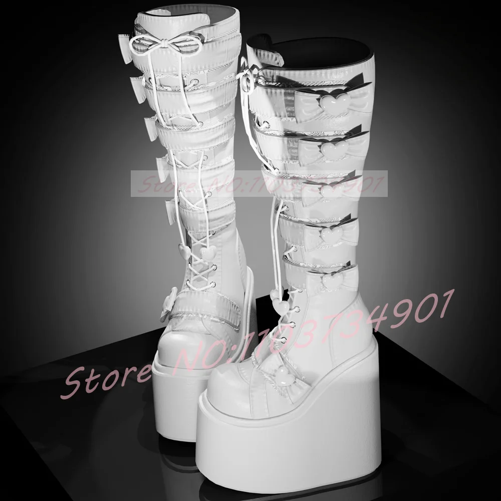 Heart Rosette Lace-Up Wedge Platform Boots Women Gothic Lolita Pink Round Toe Knee High Boots PU Leather Multi-Strap Punk Shoes