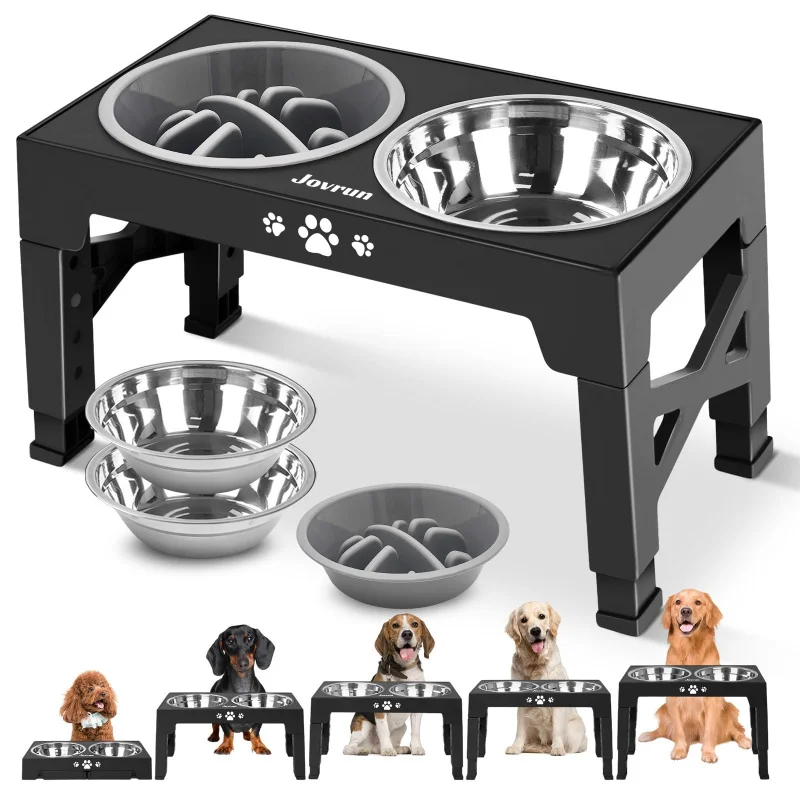 

Adjustable Elevated Dog Bowls Stand with 3 Stainless Steel Bowls Slow Feeder Non Slip Feet Dishwasher Safe for Medium Large Dogs